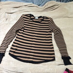 Cabi Black and Tan Striped Long Sleeve Top with slight ruffle at the cuff